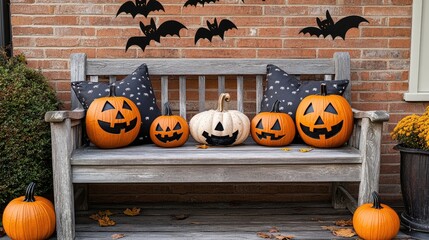 Poster - Halloween Porch Display with Pumpkins Jack o Lanterns and Ghost Decor on a Rustic Wooden Bench Surrounded by Bats and Fall Leaves