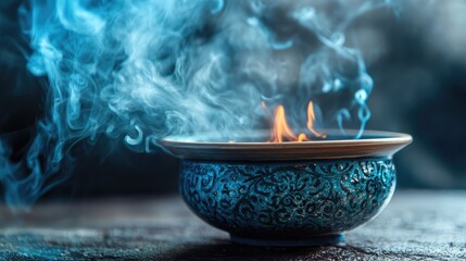 Poster - Elegant incense pot with swirling smoke and soft flames creating a serene and tranquil atmosphere for relaxation and meditation.