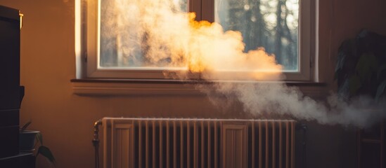 Aufkleber - Warm steam rising from a vintage heating radiator in a cozy room creating a comforting and inviting atmosphere natural light streaming in