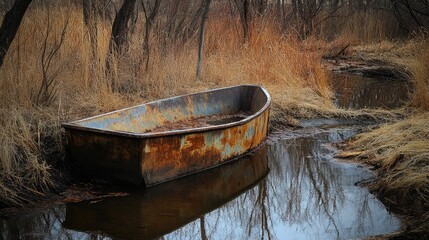 Aufkleber - Rusty boat in a tranquil creek surrounded by tall grasses and trees reflecting in the water creating a serene natural landscape scene