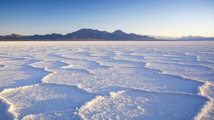 Aufkleber - Vast salt flat landscape at sunrise with distant mountains under clear blue sky