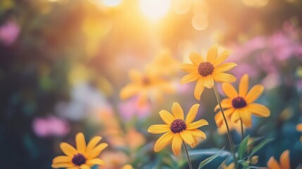 Aufkleber - Beautiful yellow Rudbeckia flowers in a garden setting with soft blurred background and warm sunlight creating a serene floral atmosphere.