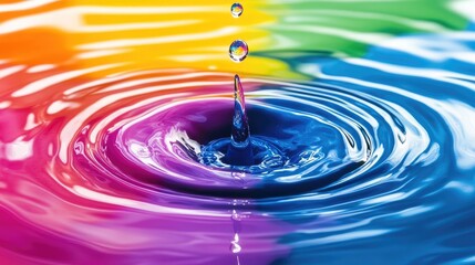 Poster - ink droplet splashing in vibrant colored water creating ripples and reflections on smooth surface