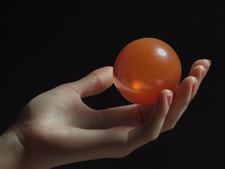 Poster - A delicate hand holding a glossy orange sphere against a dark background, creating a striking visual contrast.