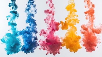 Poster - colorful ink splashes on white background creating artistic clouds in shades of blue, pink, orange a