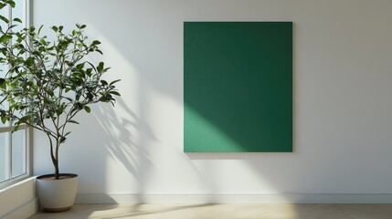 Aufkleber - Minimalist interior showcasing a green canvas against a white wall with natural light and potted plant for a modern home design aesthetic