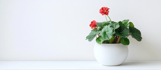 Poster - Vibrant begonia plant in a sleek white ceramic pot perfect for modern home decor and gardening enthusiasts against a clean backdrop