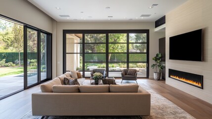Poster - Modern Living Room with Home Entertainment System and Natural Light Featuring Sliding Glass Doors and Stylish Furnishings