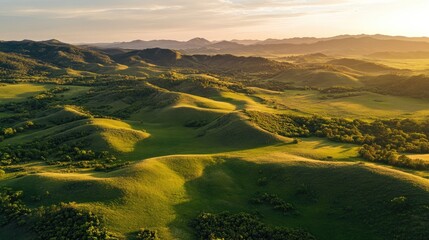 Poster - Aerial view of serene green valley landscape at sunrise showcasing lush hills and expansive forests in a peaceful elevated region.