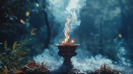 Poster - Fragrant incense releasing aromatic smoke in a serene forest setting with soft light and ethereal atmosphere.