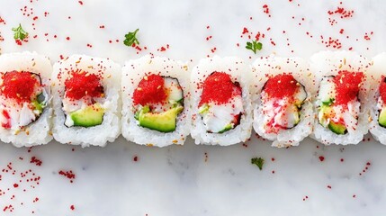 Poster - California rolls arranged neatly on a white surface topped with red tobiko filled with crab meat avocado and fresh ingredients