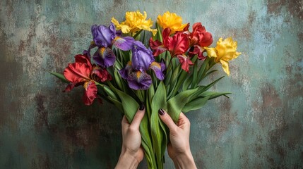 Poster - Vibrant bouquet of purple irises, red and yellow tulips with greenery held against an artistic textured backdrop.