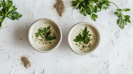 Poster - Creamy soup garnished with fresh parsley leaves in ceramic bowls against a textured white background with sprinkled herbs and seeds.