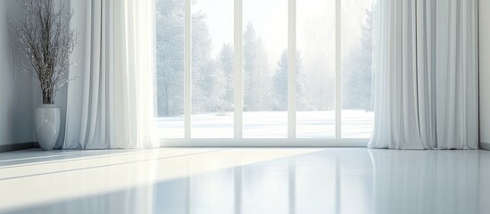 Poster - Elegant modern interior featuring bright white flooring and large windows adorned with sheer curtains for a light and airy atmosphere.