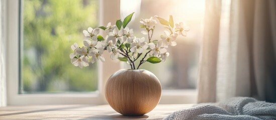 Poster - Apple tree sprig with white flowers in a wooden vase creating a cozy atmosphere by the window with soft sunlight illuminating the scene