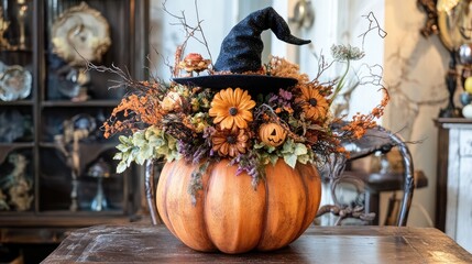 Poster - Halloween Pumpkin Floral Arrangement with Witch Hat and Seasonal Decor on Rustic Table Setting