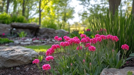 Aufkleber - Vibrant pink Dianthus flowers bloom in a lush early spring garden surrounded by greenery and natural stones