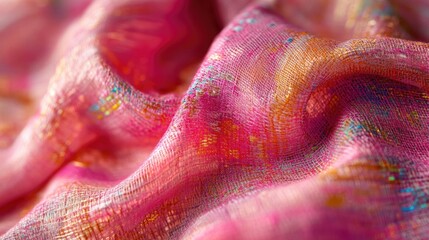 Sticker - Textured handwoven pink fabric showcasing vibrant hues and intricate patterns ideal for fashion and interior design projects.