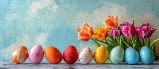 Aufkleber - Hand painted Easter eggs arranged with vibrant tulips against a colorful wall creating a festive spring atmosphere for greeting cards.