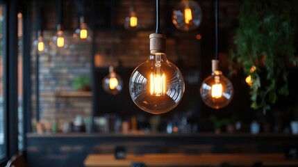 Poster - Stylish incandescent light bulbs hanging in a modern cafÃ© interior with warm lighting and a cozy atmosphere