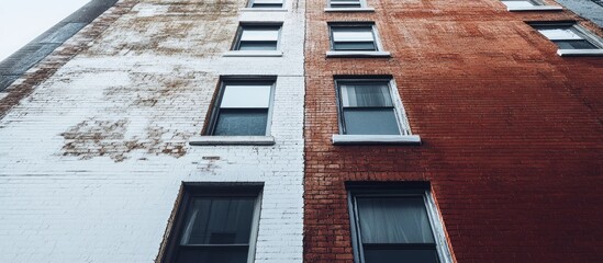 Aufkleber - Urban building exterior with contrasting textured brick wall showcasing white and brown facade ideal for architectural design concepts and backgrounds
