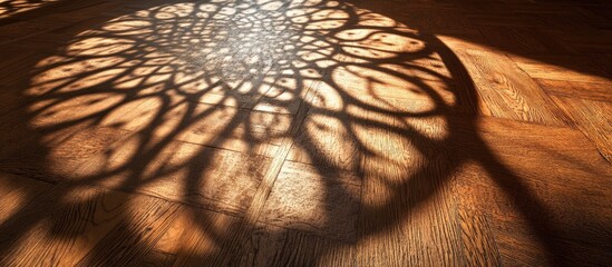 Poster - intricate shadow patterns on textured wooden floor add depth and elegance to modern interior design 
