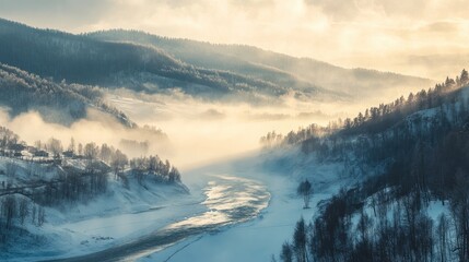 Aufkleber - Winter morning mist rising over a tranquil river valley surrounded by hills and frosted trees creating a serene landscape atmosphere