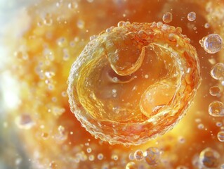 Poster - Close-up view of a vibrant orange abstract shape surrounded by bubbles, creating a dynamic and ethereal mood.