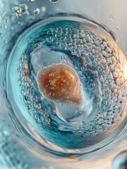 Poster - A mesmerizing close-up of a textured sphere surrounded by swirling bubbles in clear liquid.