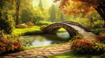 Poster - Serene stone bridge over tranquil river in lush park surrounded by vibrant flowers and autumn foliage under soft sunlight