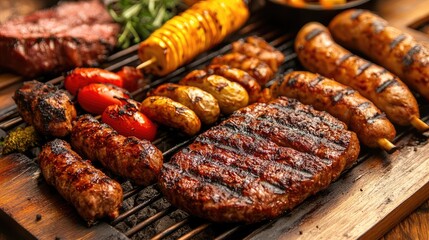 Poster - Grilled meats and vegetables arranged on a barbecue grill during an outdoor cooking gathering with friends and family.