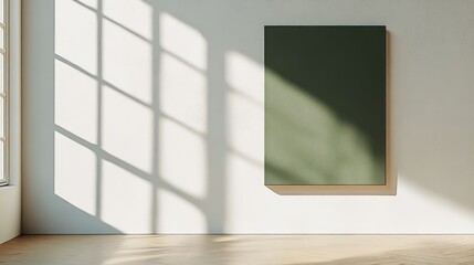 Aufkleber - Modern interior design showcasing a minimalist green canvas mockup against a bright white wall with soft natural light and shadows.