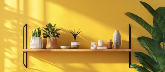 Poster - Modern shelving unit featuring decorative plants and accessories against a bright yellow wall ideal for contemporary interior design inspiration