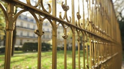 Poster - Golden Wrought Iron Fence in a Scenic Park with Elegant Buildings in the Background on a Sunny Day