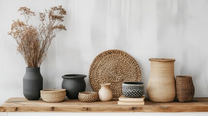 Poster - Decorative home accessories displayed on a wooden shelf featuring vases and woven baskets against a neutral white backdrop
