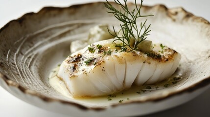 Poster - Deliciously prepared cod served on a rustic plate garnished with herbs showcasing Polish culinary traditions