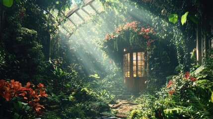 Poster - Serene Lush Garden Oasis with Sunlight Filtering Through Leaves and Floral Accents