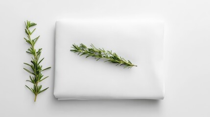 Aufkleber - Scandinavian style white sheet mockup adorned with fresh rosemary for elegant product presentation and copy space on a clean background