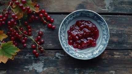 Aufkleber - Homemade berry jam in a decorative bowl with fresh berries on a rustic wooden table top view flat lay culinary lifestyle imagery
