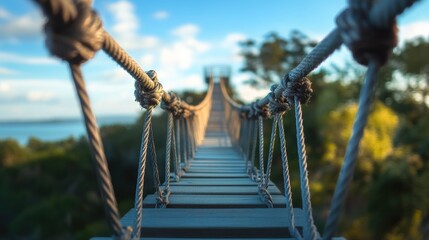Aufkleber - Suspended rope bridge leading to observation towers showcasing natural scenery and a clear sky in the background.