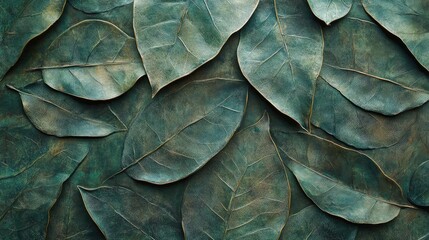 Poster - Textured green and brown leaves layered on a wall creating an organic and natural background for design and decor themes.