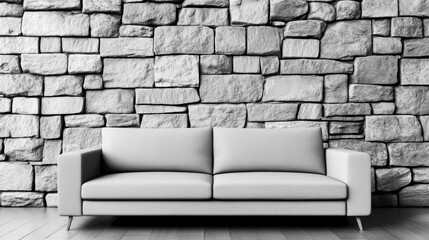 Aufkleber - Minimalist Gray Sofa with Stone Wall in Modern Interior Design for Contemporary Home Decor and Stylish Living Spaces