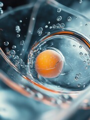 Poster - An isolated close-up of a vibrant orange yolk surrounded by effervescent bubbles in clear water.