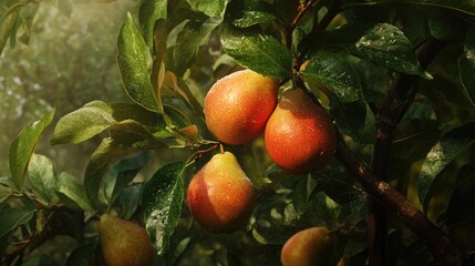 Aufkleber - Pears ripening on tree branch in sunlit orchard surrounded by lush green leaves with fresh dew drops glistening on fruit surface