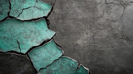 Poster - Torn asphalt texture with teal and gray cracks featuring metallic ash veneer ideal for design backgrounds and abstract art projects