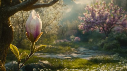Poster - Magnolia Blossom in Foreground with Lush Garden Background Bathed in Soft Natural Light