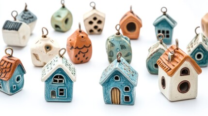 Poster - Decorative ceramic home charms in various colors and designs displayed on a white background for home decor inspiration