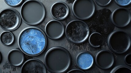 Poster - abstract marbled circular patterns in dark gray and blue on a textured black backdrop suitable for m
