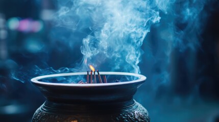 Poster - Serene incense burner releasing fragrant smoke in dim light creating a calming atmosphere for relaxation and meditation