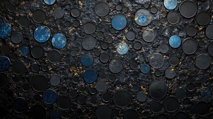 Poster - abstract dark gray and blue circular bubbles on black background textured wallpaper design for moder